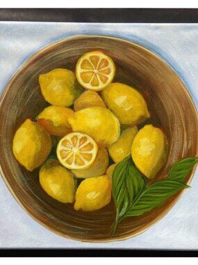 Lemon Bowl Still Life Original Acrylic Painting on 12" x 12" Canvas Kitchen Art
